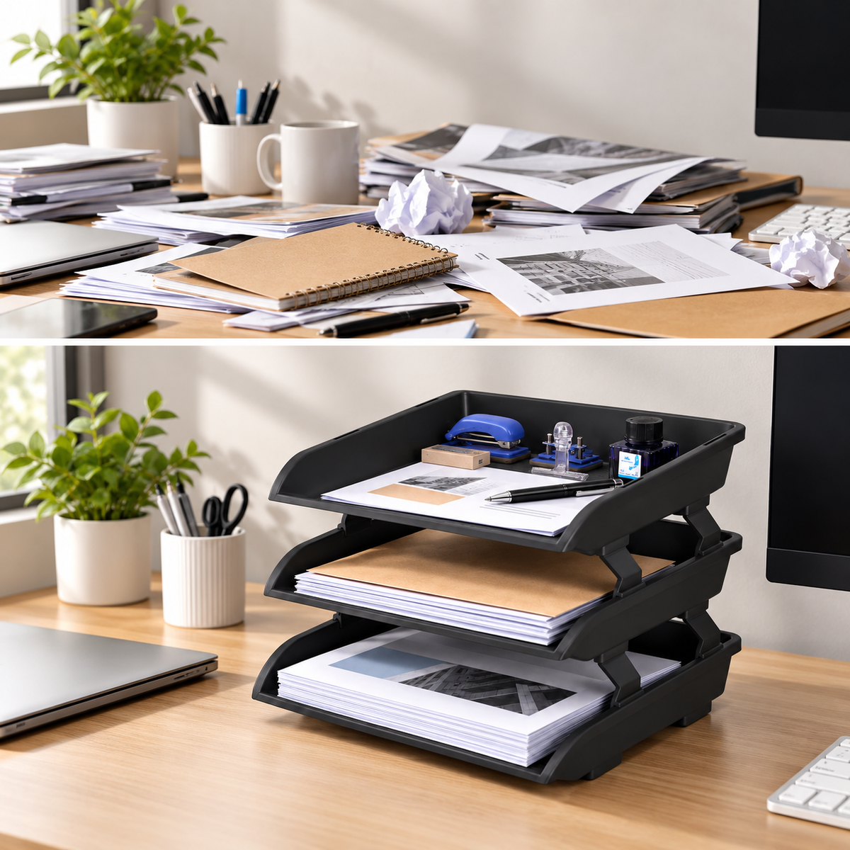 3-Tier File Tray Organizer – Foldable Desktop Document & Paper Holder, 10.2" x 5.5" x 1.5"