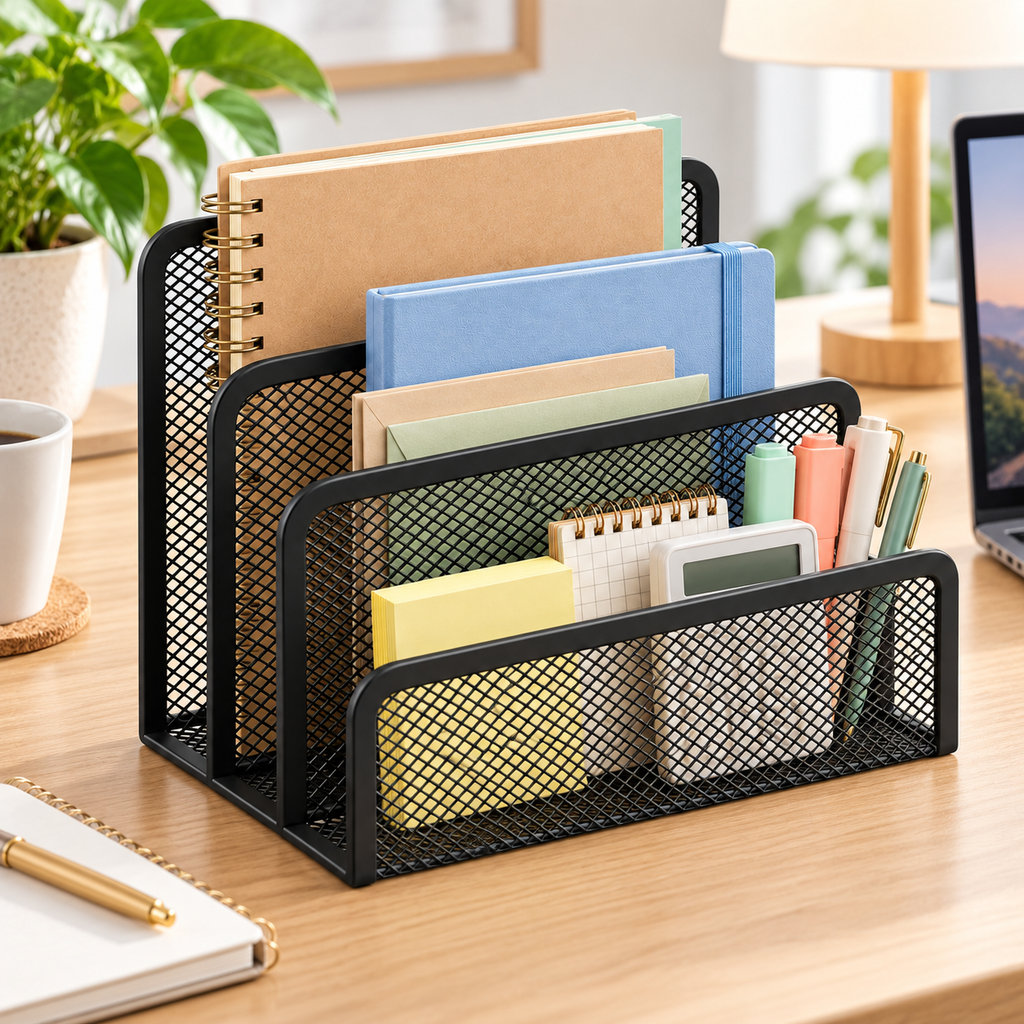 Metal Mesh Desk Organiser - Three Storage Slots, 6.89" × 5 " × 3.50"