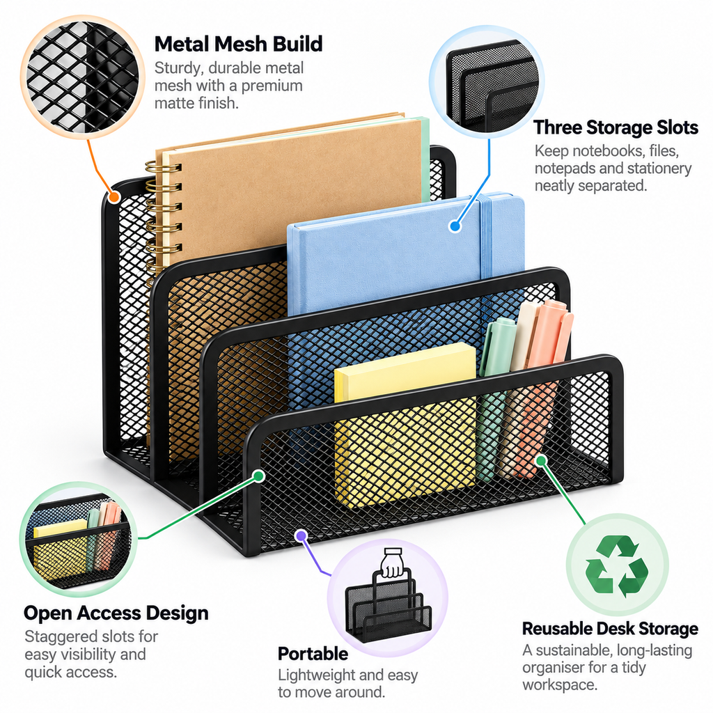 Metal Mesh Desk Organiser - Three Storage Slots, 6.89" × 5 " × 3.50"