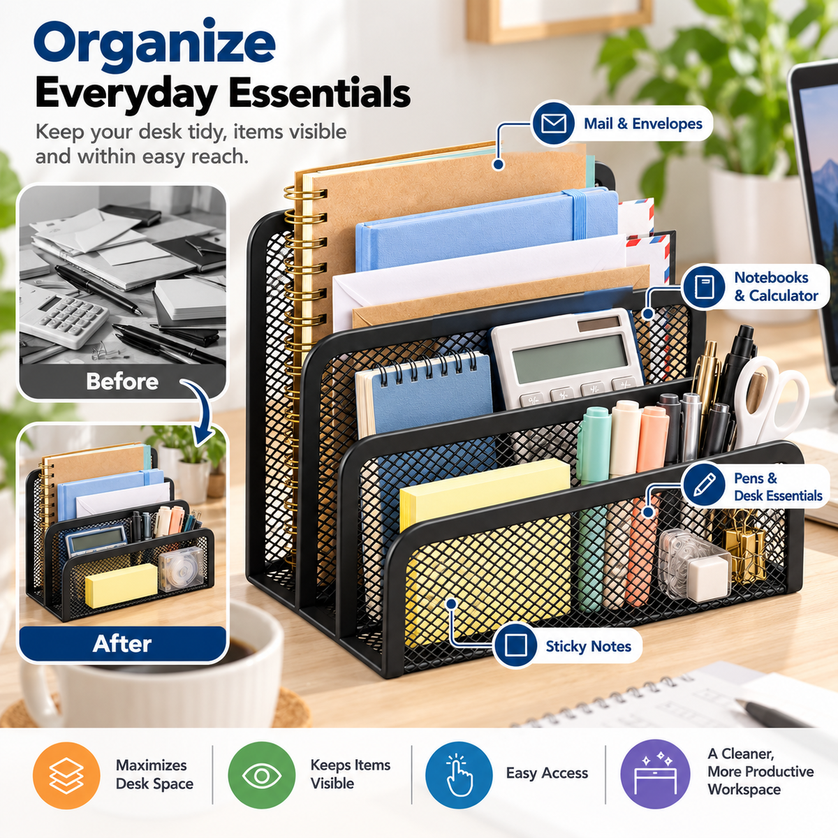 Metal Mesh Desk Organiser - Three Storage Slots, 6.89" × 5 " × 3.50"