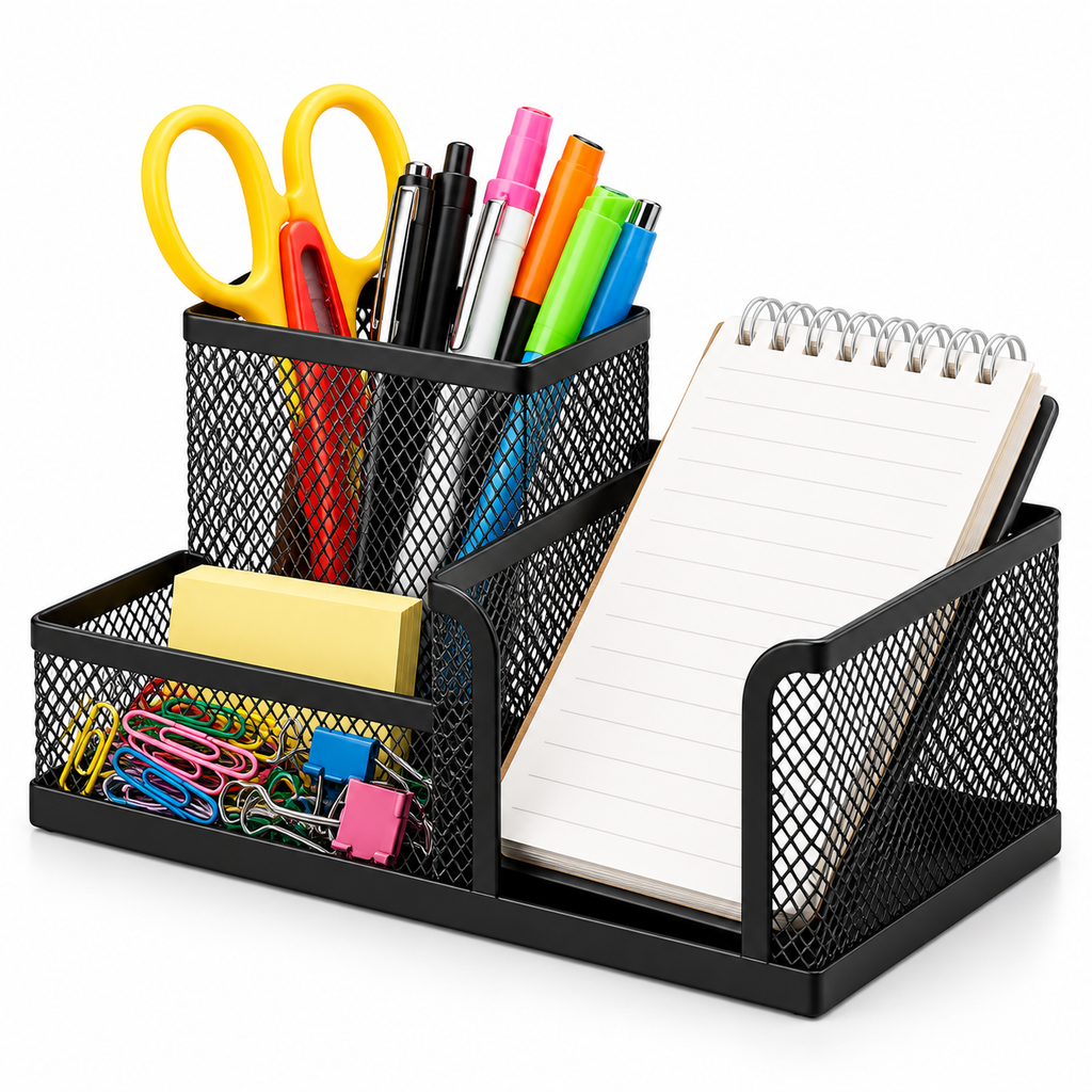 Metal Mesh Desk Organiser - Stationery Storage, 4.09" × 8.03" × 3.54"
