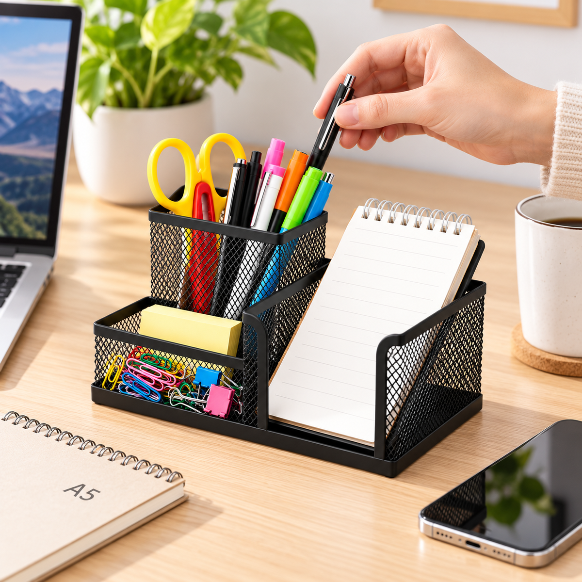 Metal Mesh Desk Organiser - Stationery Storage, 4.09" × 8.03" × 3.54"
