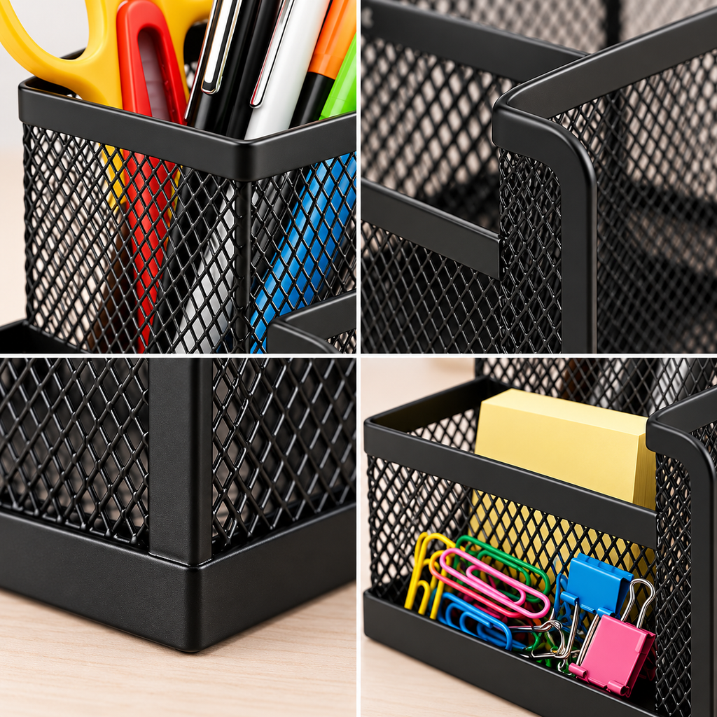 Metal Mesh Desk Organiser - Stationery Storage, 4.09" × 8.03" × 3.54"