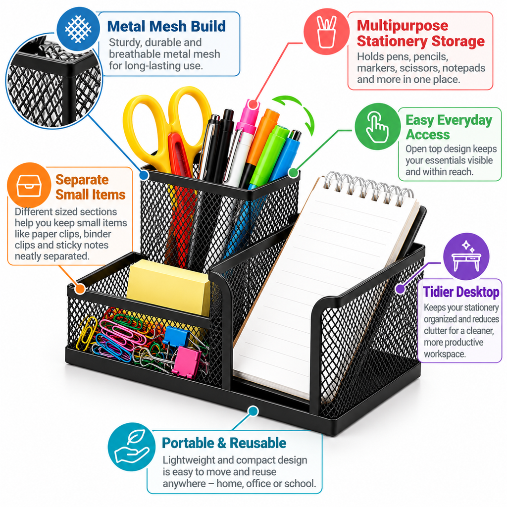 Metal Mesh Desk Organiser - Stationery Storage, 4.09" × 8.03" × 3.54"