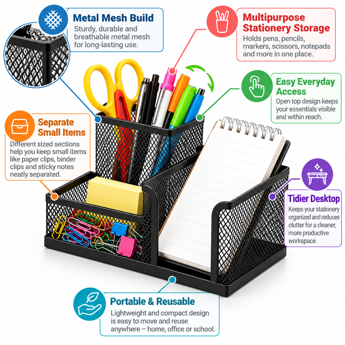 Metal Mesh Desk Organiser - Stationery Storage, 4.09" × 8.03" × 3.54"