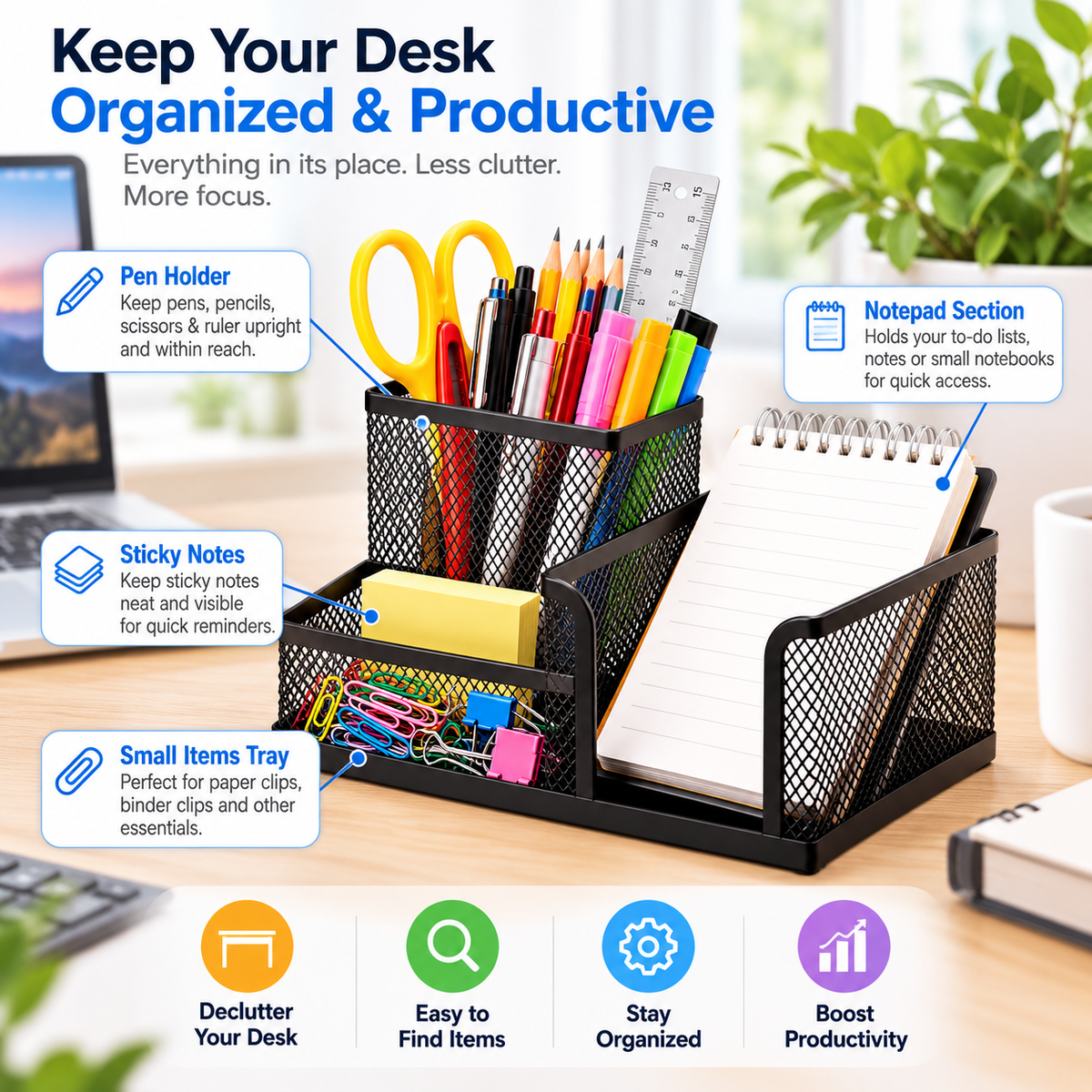 Metal Mesh Desk Organiser - Stationery Storage, 4.09" × 8.03" × 3.54"