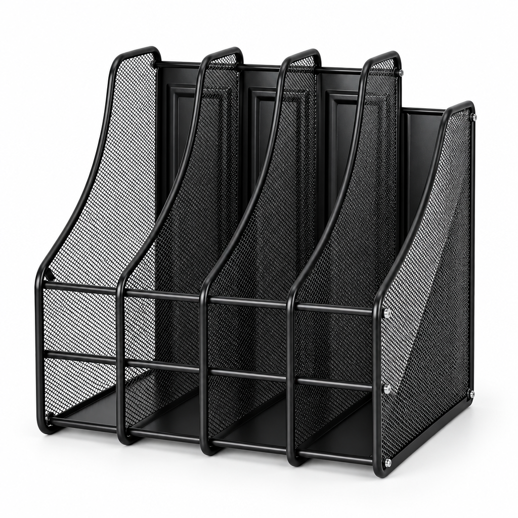 A black metal mesh document organizer with four angled slots, shown on a clean white background with a blue circular 'Pack of 1' badge in the top right corner.