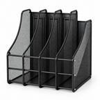 A black metal mesh document organizer with four angled slots, shown on a clean white background with a blue circular 'Pack of 1' badge in the top right corner.