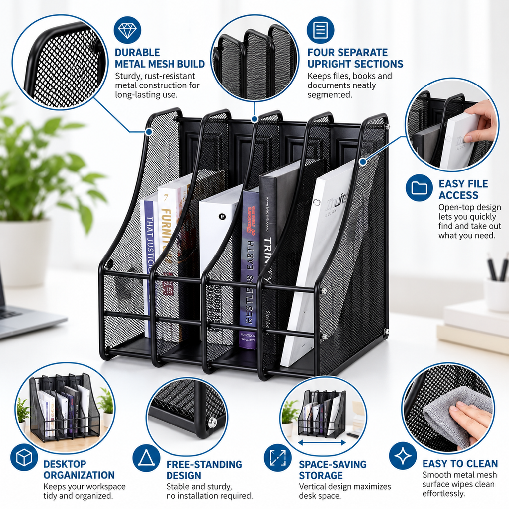 Metal Mesh File Rack - Four Upright Sections, 7.87" × 3.94" × 3.94"