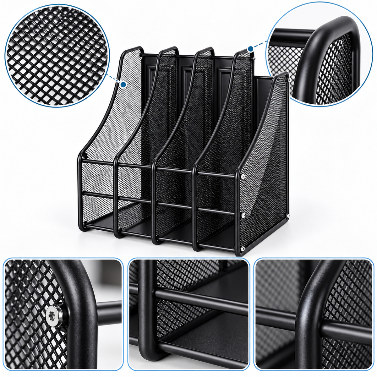 Metal Mesh File Rack - Four Upright Sections, 7.87" × 3.94" × 3.94"