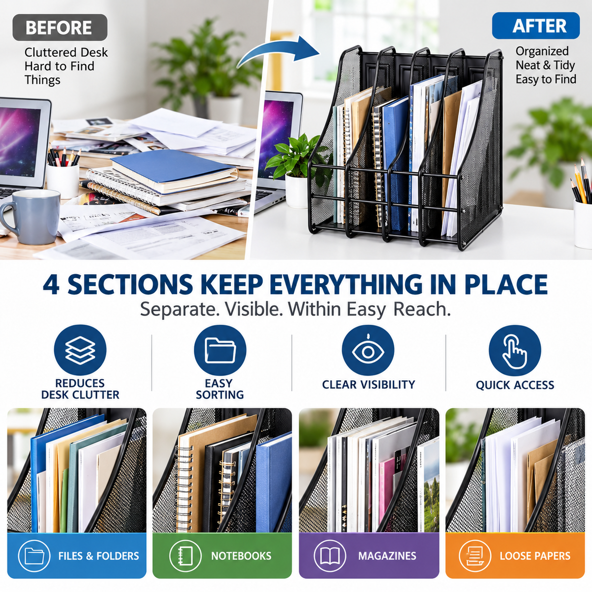 Metal Mesh File Rack - Four Upright Sections, 7.87" × 3.94" × 3.94"