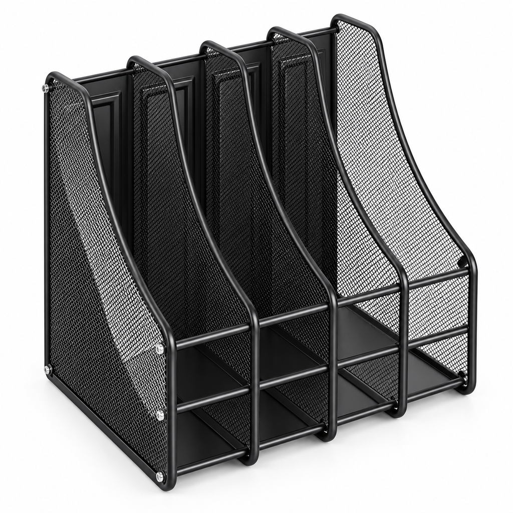 A black metal mesh document organizer with four vertical slots and a slanted front cover, shown on a plain white background.