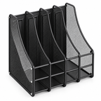 A black metal mesh document organizer with four vertical slots and a slanted front cover, shown on a plain white background.