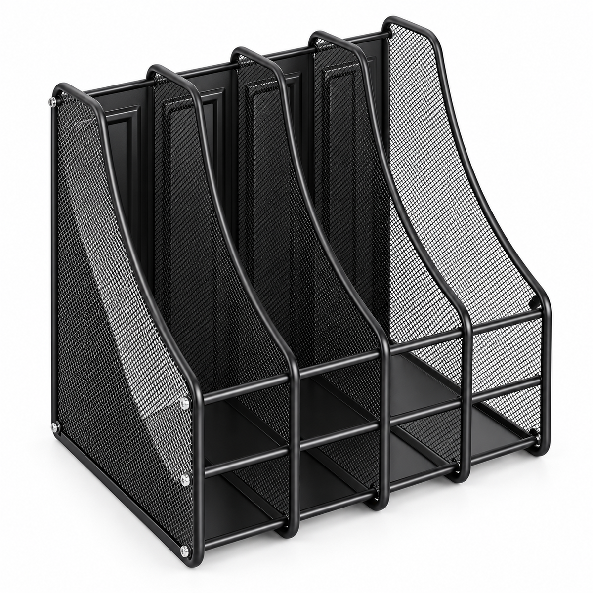 A black metal mesh document organizer with four vertical slots and a slanted front cover, shown on a plain white background.