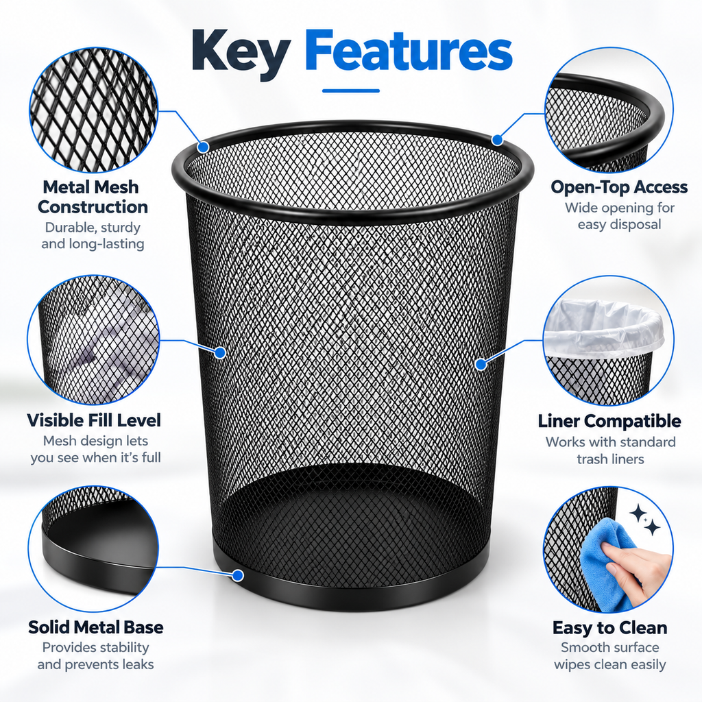 Metal Mesh Round Dustbin - Open-Top Waste Storage,  7.48" × 12.80" × 10.43"