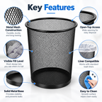 Metal Mesh Round Dustbin - Open-Top Waste Storage,  7.48" × 12.80" × 10.43"