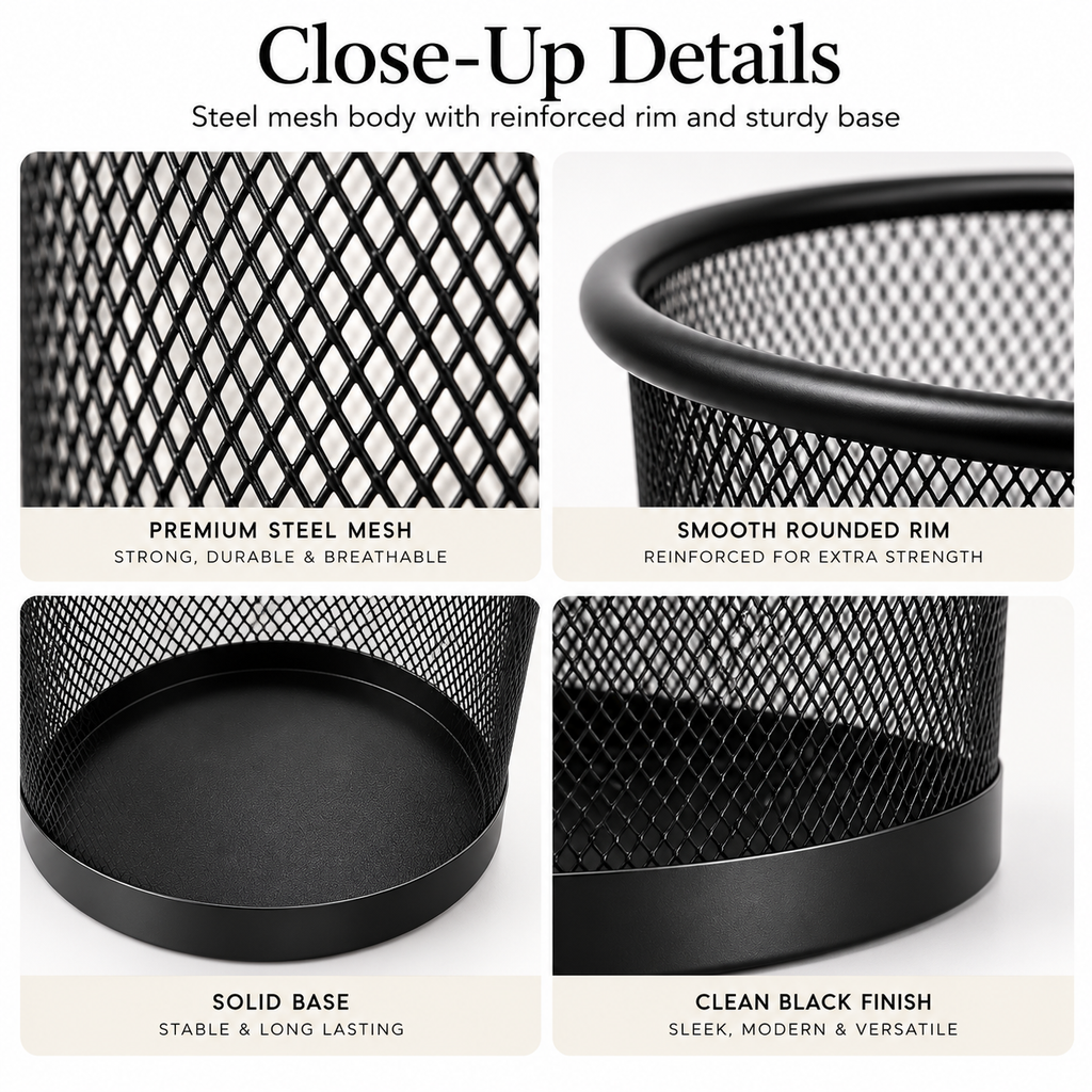 Metal Mesh Round Dustbin - Open-Top Waste Storage,  7.48" × 12.80" × 10.43"
