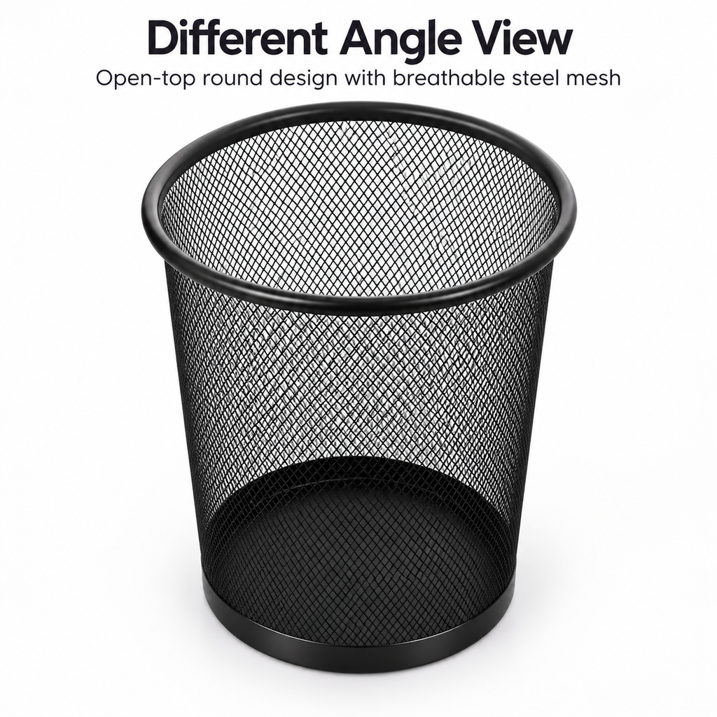Metal Mesh Round Dustbin - Open-Top Waste Storage,  7.48" × 12.80" × 10.43"