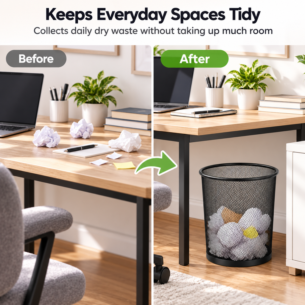 Metal Mesh Round Dustbin - Open-Top Waste Storage,  7.48" × 12.80" × 10.43"