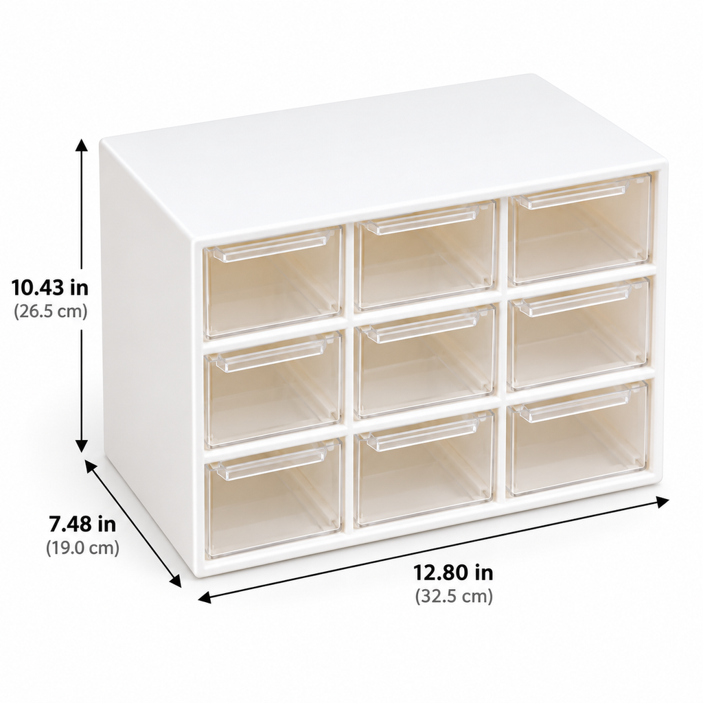 Nine-Drawer Storage Box - Clear Removable Drawers, 7.48" × 12.80" × 10.43"