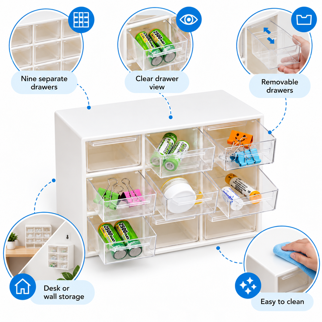 Nine-Drawer Storage Box - Clear Removable Drawers, 7.48" × 12.80" × 10.43"