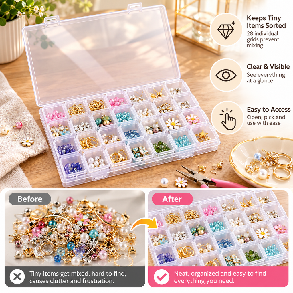 Twenty-Eight-Grid Jewellery Box - Clear Detachable Storage, 3.15" × 1.57" × 3.94"