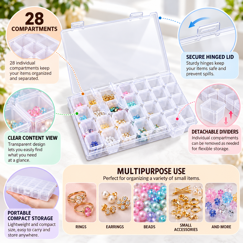 Twenty-Eight-Grid Jewellery Box - Clear Detachable Storage, 3.15" × 1.57" × 3.94"