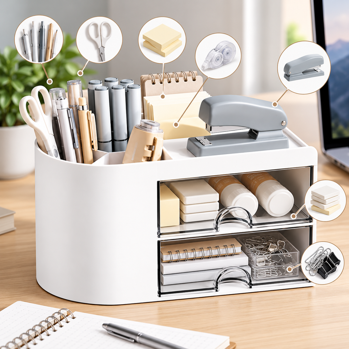 Pen Stand with 2 drawers - 7" x 3.75" x 4.13"