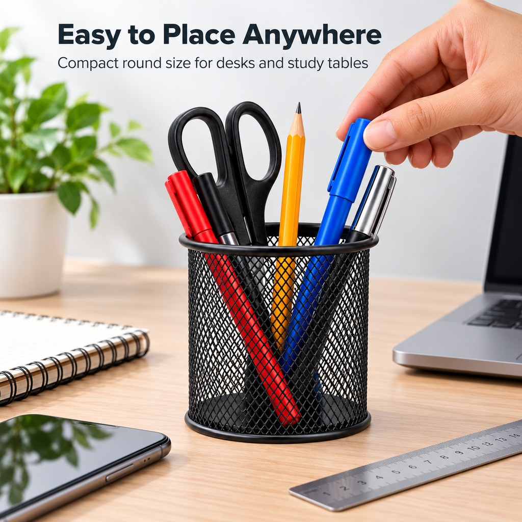 Steel Mesh Pen Stand - Round Desktop Storage, 3.50" × 3.50" × 3.74"