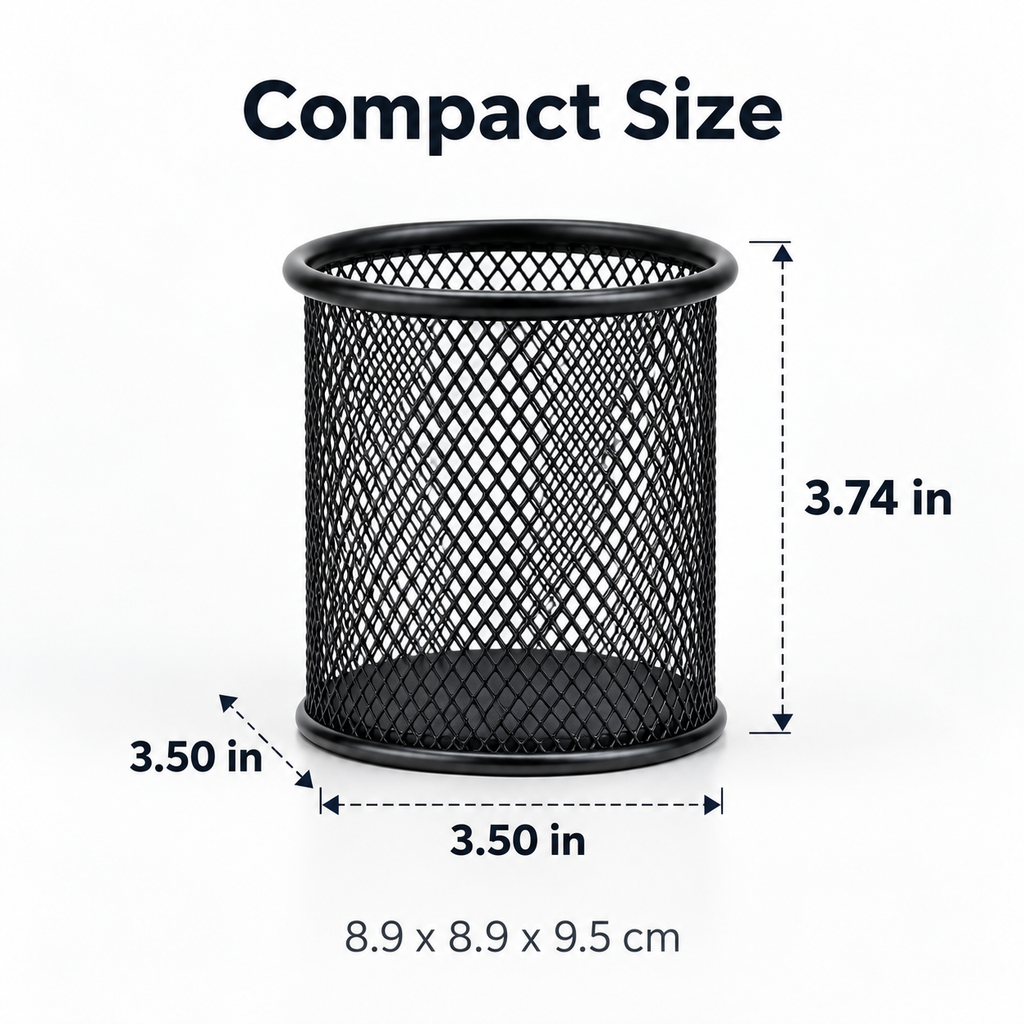 Steel Mesh Pen Stand - Round Desktop Storage, 3.50" × 3.50" × 3.74"