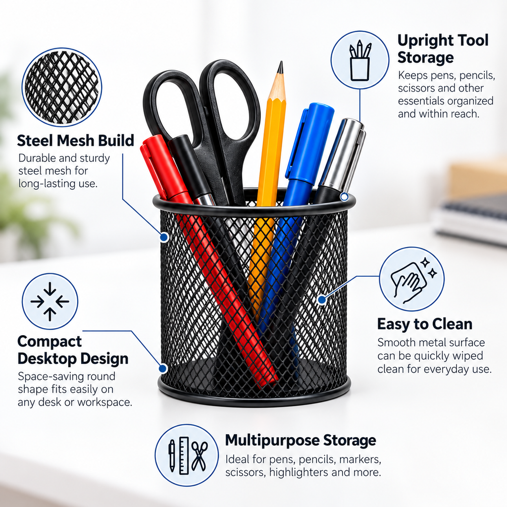 Steel Mesh Pen Stand - Round Desktop Storage, 3.50" × 3.50" × 3.74"