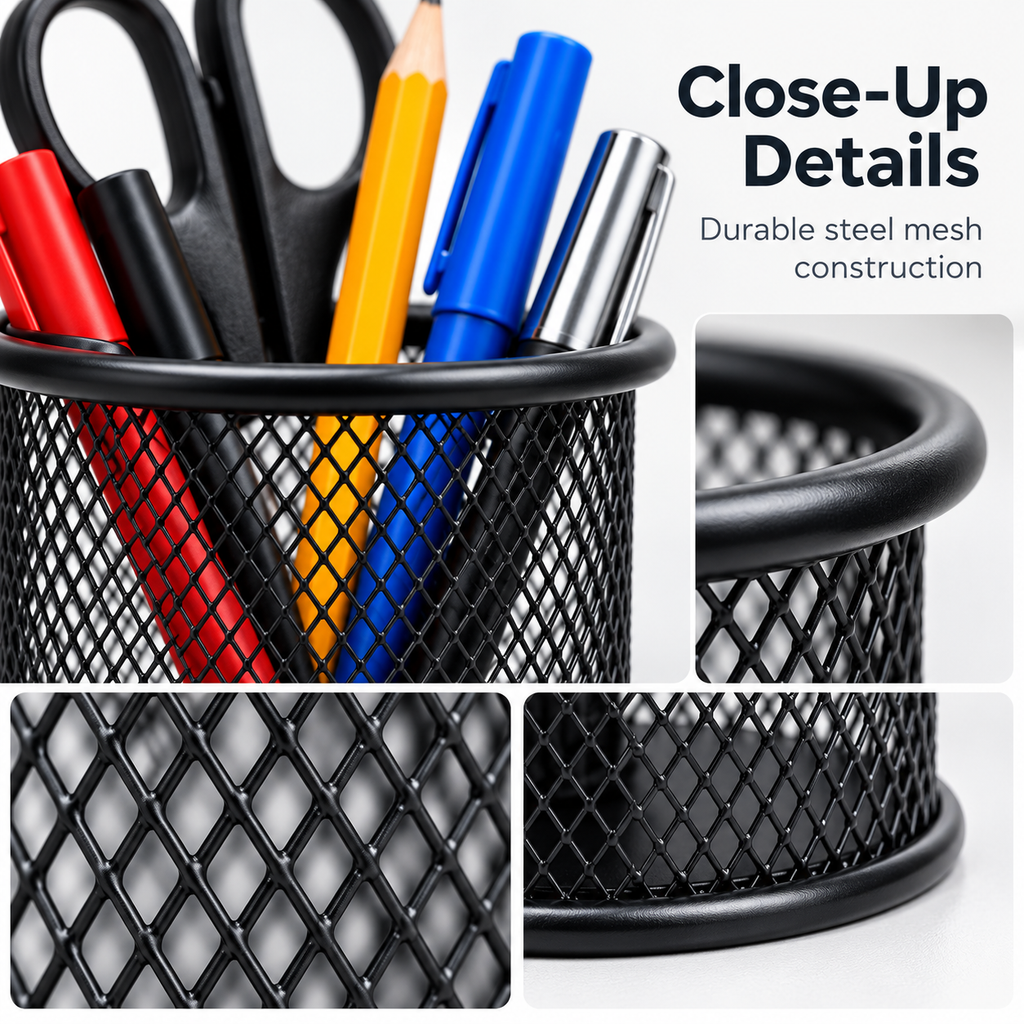 Steel Mesh Pen Stand - Round Desktop Storage, 3.50" × 3.50" × 3.74"