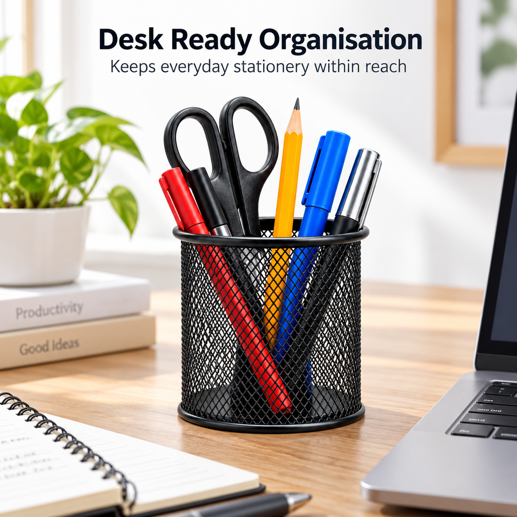 Steel Mesh Pen Stand - Round Desktop Storage, 3.50" × 3.50" × 3.74"