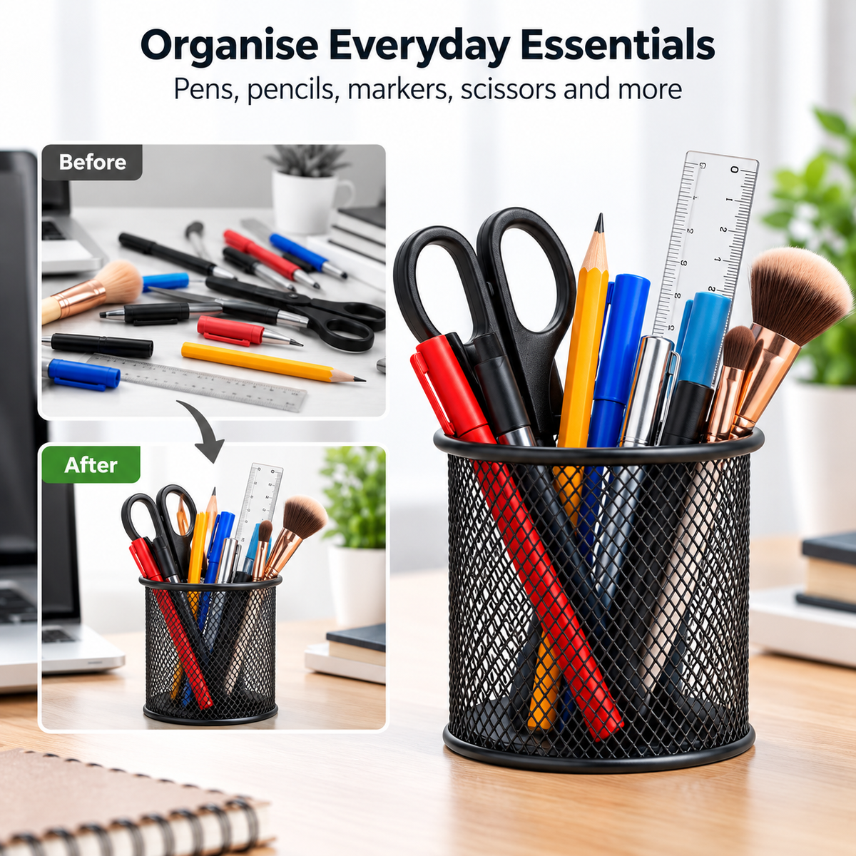 Steel Mesh Pen Stand - Round Desktop Storage, 3.50" × 3.50" × 3.74"