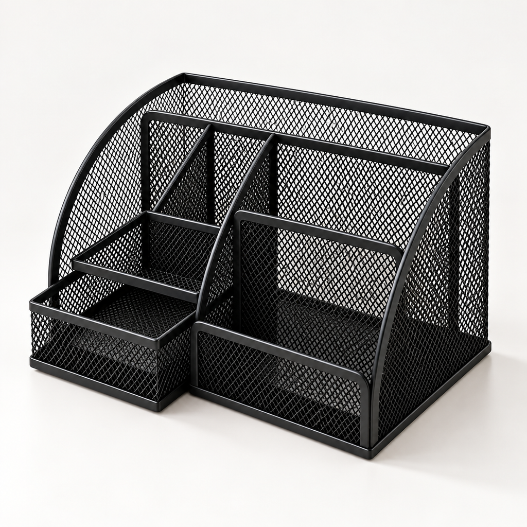Metal Mesh Desk Organizer Pen Stand - 6 Compartments, 1 Drawer, 8.75" x 5.5" x 5.2"