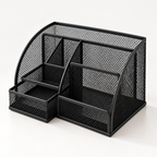 Metal Mesh Desk Organizer Pen Stand - 6 Compartments, 1 Drawer, 8.75" x 5.5" x 5.2"
