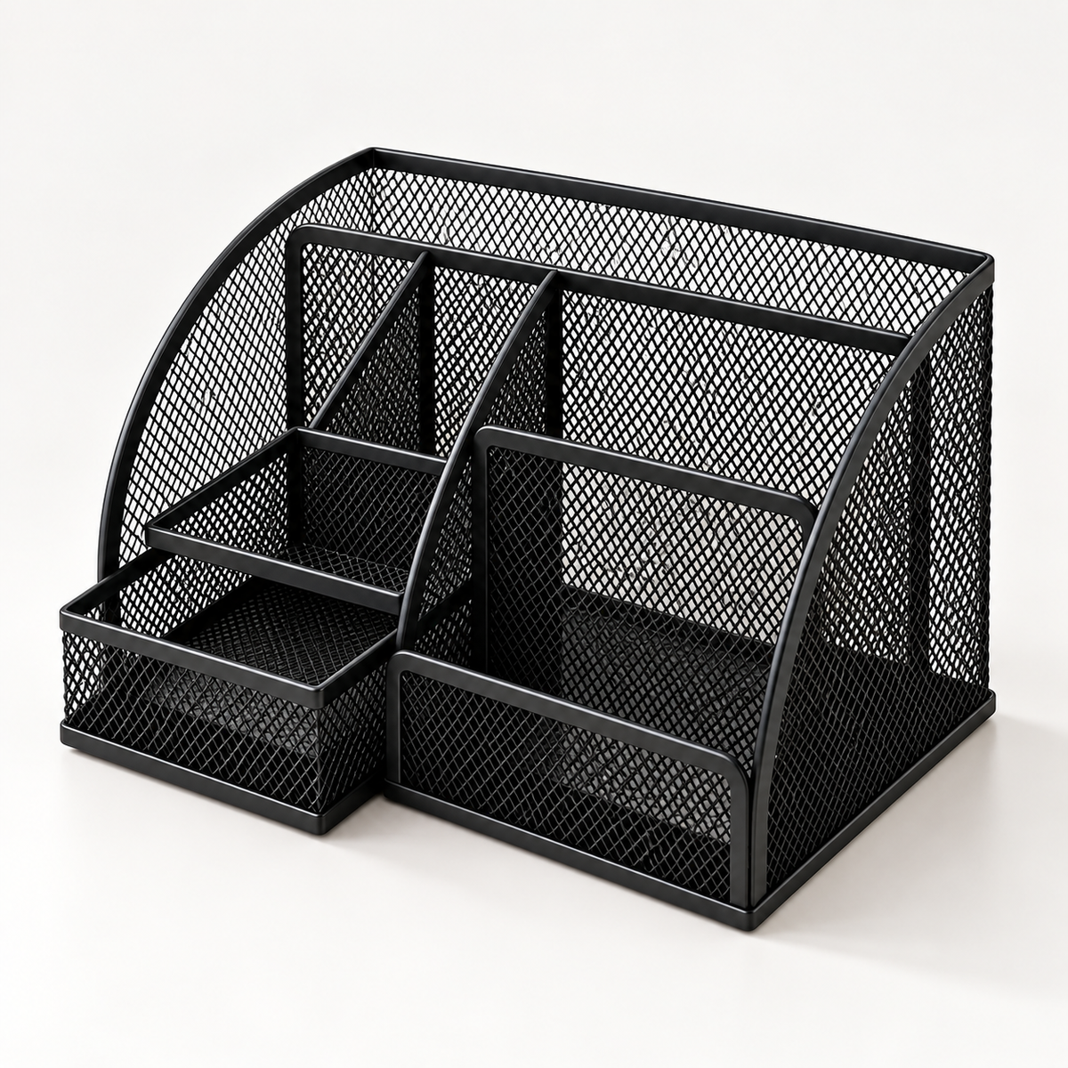 Metal Mesh Desk Organizer Pen Stand - 6 Compartments, 1 Drawer, 8.75" x 5.5" x 5.2"