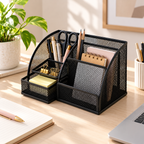 Metal Mesh Desk Organizer Pen Stand - 6 Compartments, 1 Drawer, 8.75" x 5.5" x 5.2"