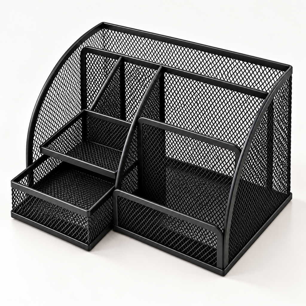 Metal Mesh Desk Organizer Pen Stand - 6 Compartments, 1 Drawer, 8.75" x 5.5" x 5.2"