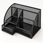 Metal Mesh Desk Organizer Pen Stand - 6 Compartments, 1 Drawer, 8.75" x 5.5" x 5.2"