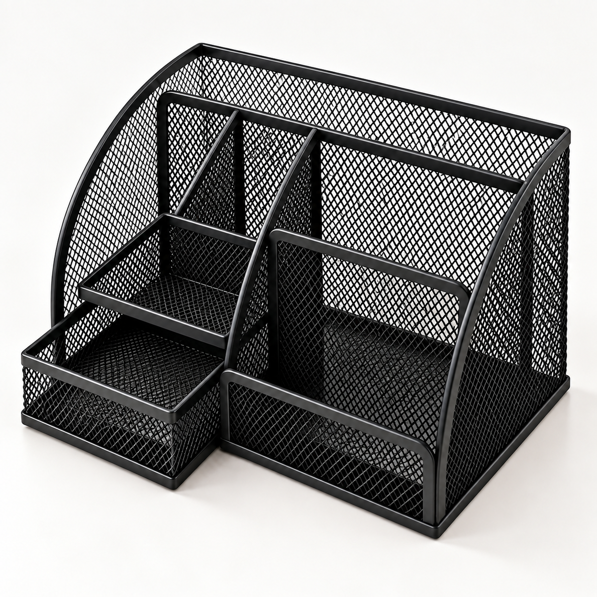Metal Mesh Desk Organizer Pen Stand - 6 Compartments, 1 Drawer, 8.75" x 5.5" x 5.2"