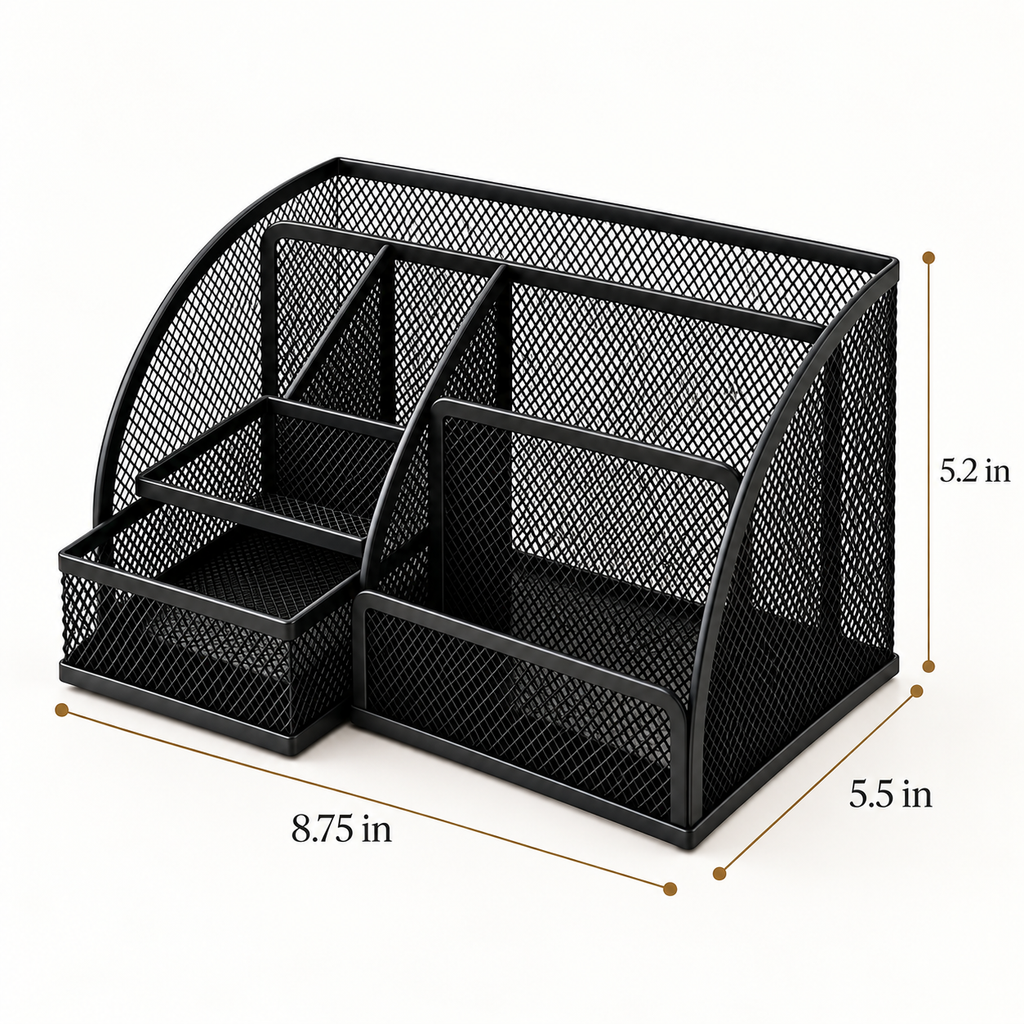 Metal Mesh Desk Organizer Pen Stand - 6 Compartments, 1 Drawer, 8.75" x 5.5" x 5.2"