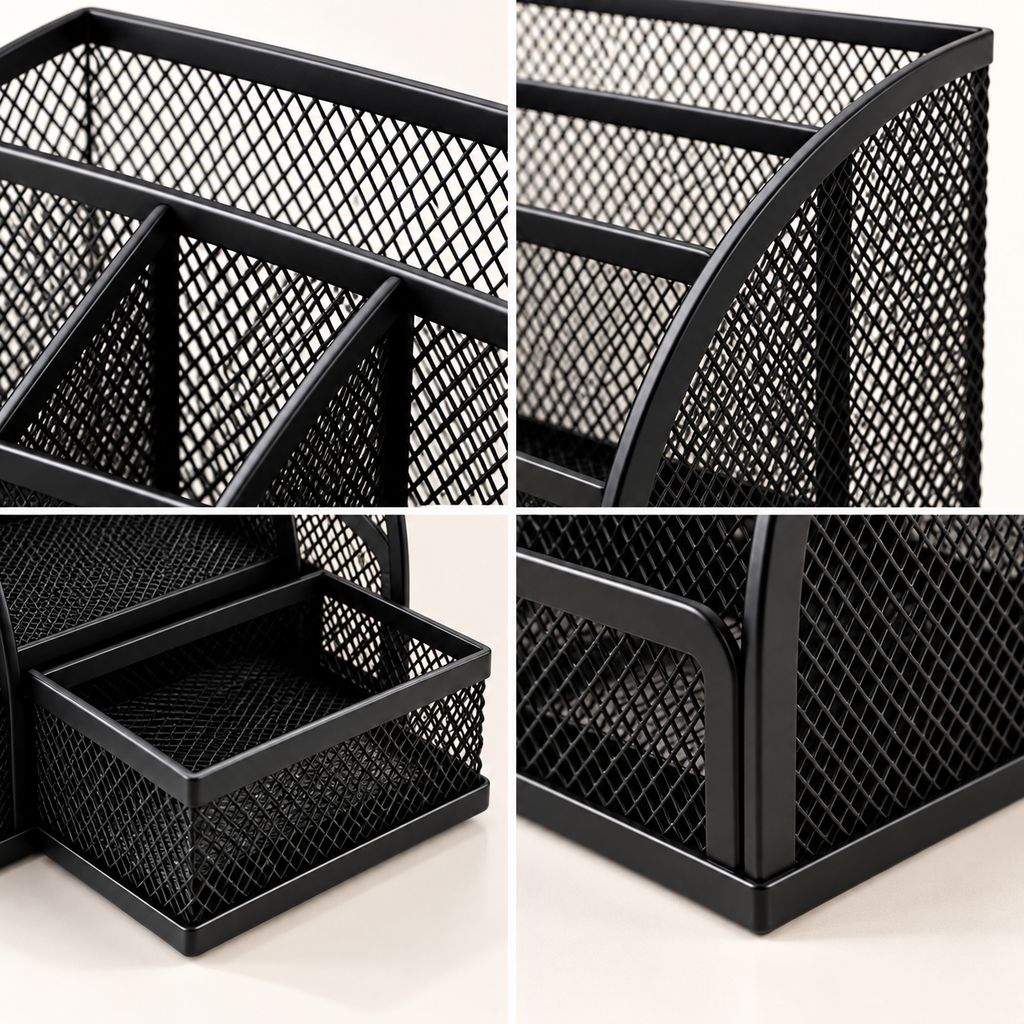Metal Mesh Desk Organizer Pen Stand - 6 Compartments, 1 Drawer, 8.75" x 5.5" x 5.2"
