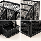 Metal Mesh Desk Organizer Pen Stand - 6 Compartments, 1 Drawer, 8.75" x 5.5" x 5.2"