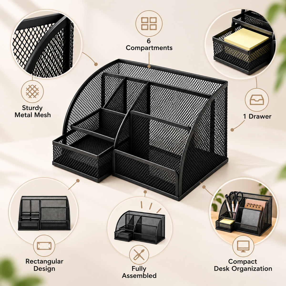 Metal Mesh Desk Organizer Pen Stand - 6 Compartments, 1 Drawer, 8.75" x 5.5" x 5.2"