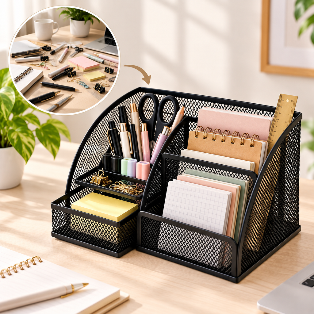 Metal Mesh Desk Organizer Pen Stand - 6 Compartments, 1 Drawer, 8.75" x 5.5" x 5.2"