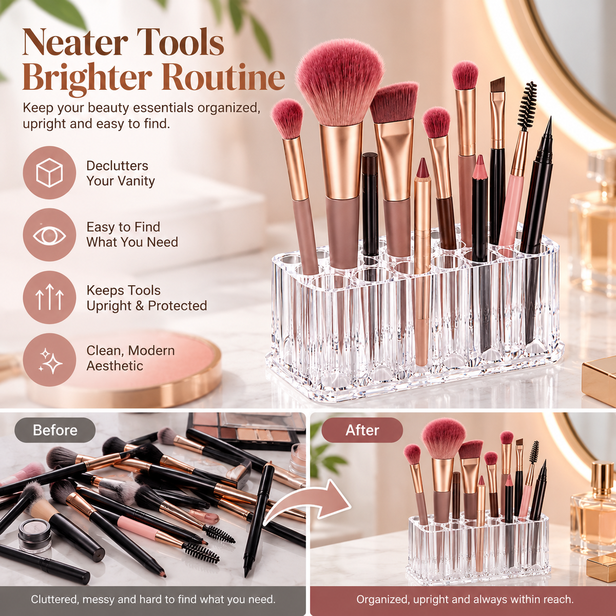Makeup Brush Stand - Upright Tool Storage, 5.35" × 2.36" × 2.17"