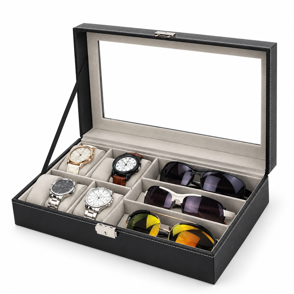 Watch and Glasses Storage Box - Separate Accessory Compartments, 12.99" × 7.87" × 3.15"
