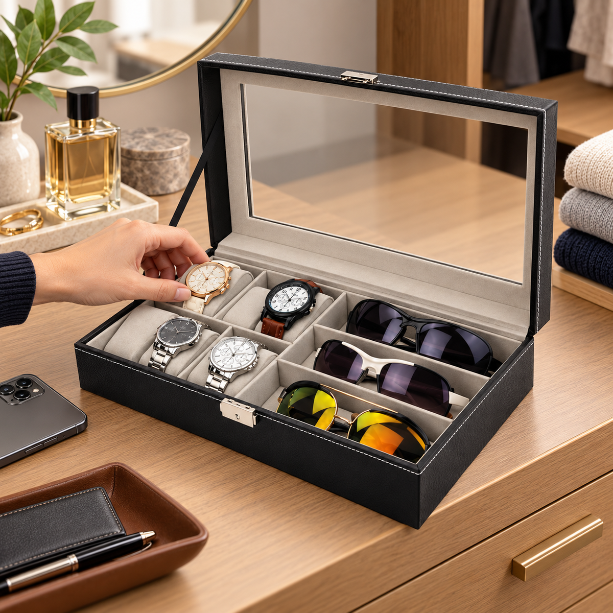 Watch and Glasses Storage Box - Separate Accessory Compartments, 12.99" × 7.87" × 3.15"