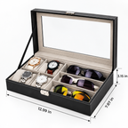 Watch and Glasses Storage Box - Separate Accessory Compartments, 12.99" × 7.87" × 3.15"